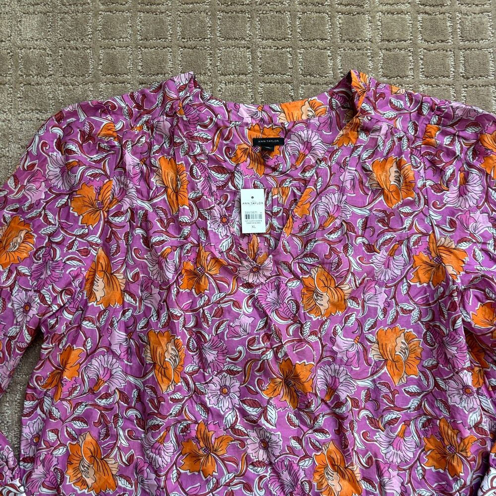 Ann Taylor Floral Peasant Blouse Women's XL Purple Orange Long Sleeve Artsy NWT - Picture 2 of 8